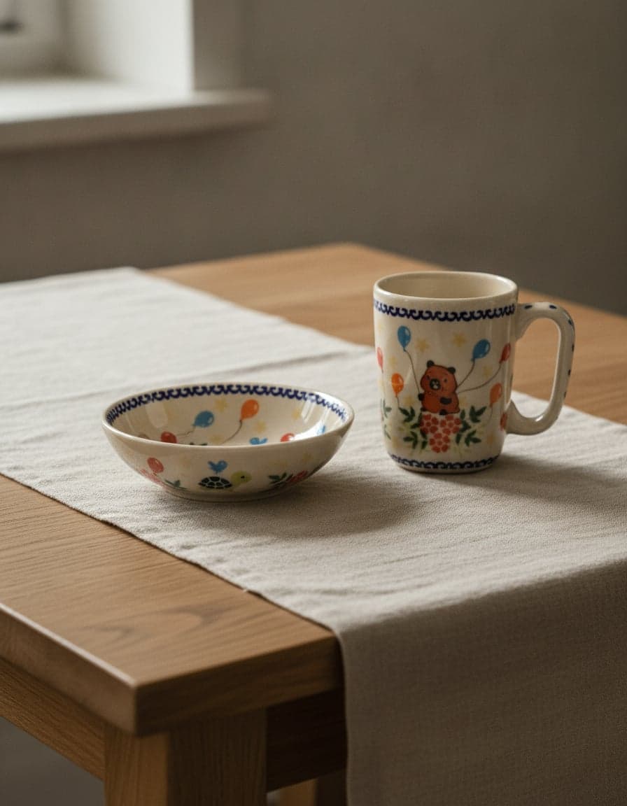 Pieces in the “Capybaras with Balloons” pattern, set on a table