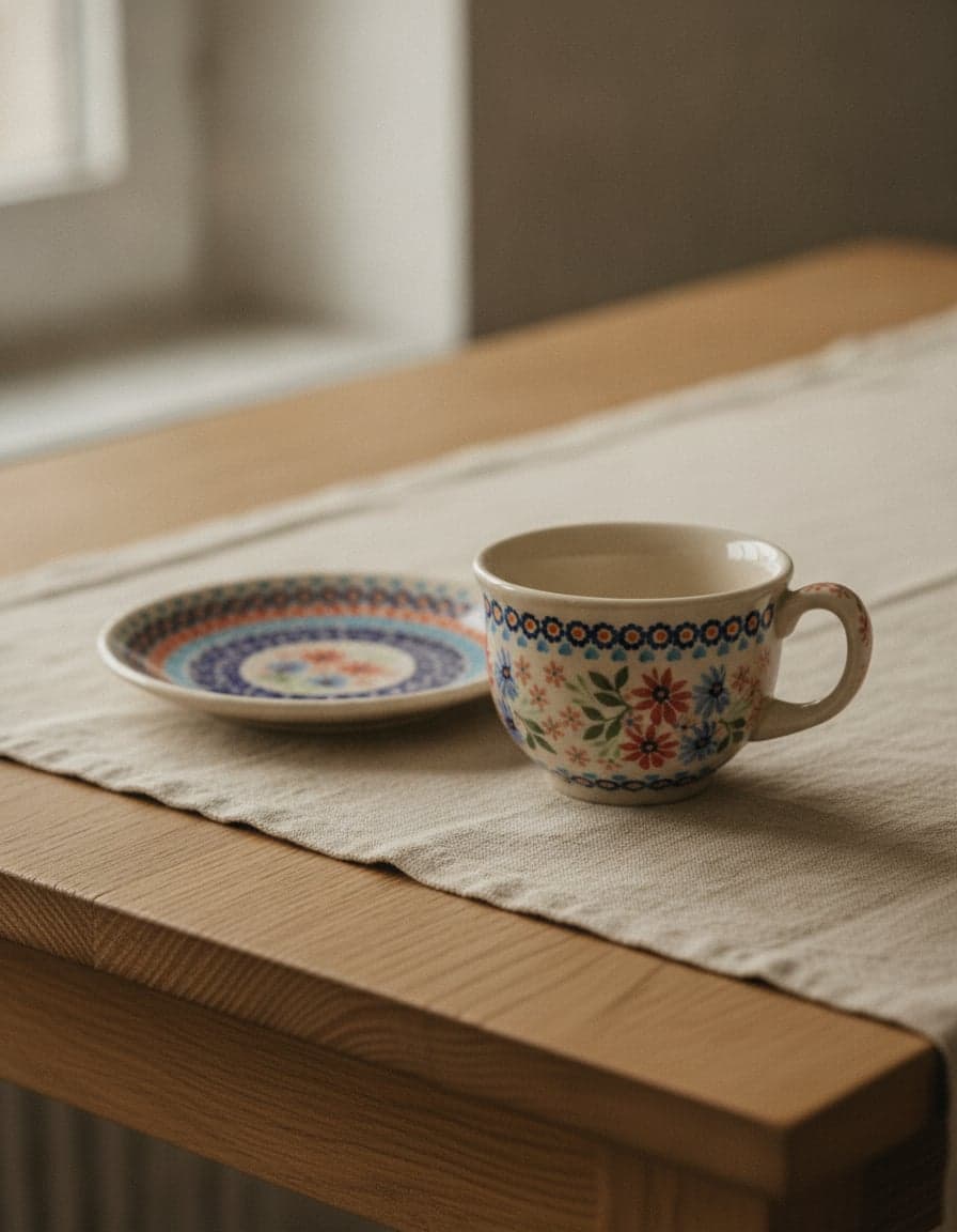 Pieces in the “Floral Wreath” pattern, set on a table