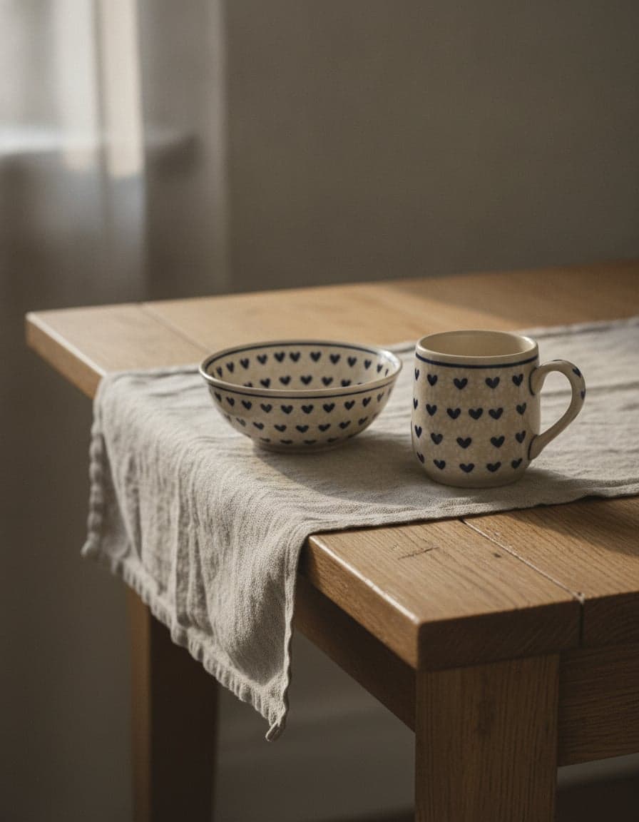 Pieces in the “My Heart Beats Blue” pattern, set on a table