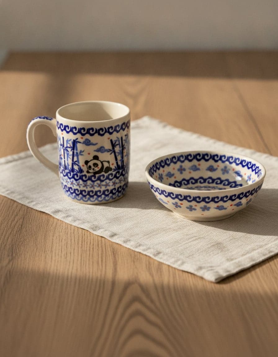 Pieces in the “Pandas in Cobalt” pattern, set on a table