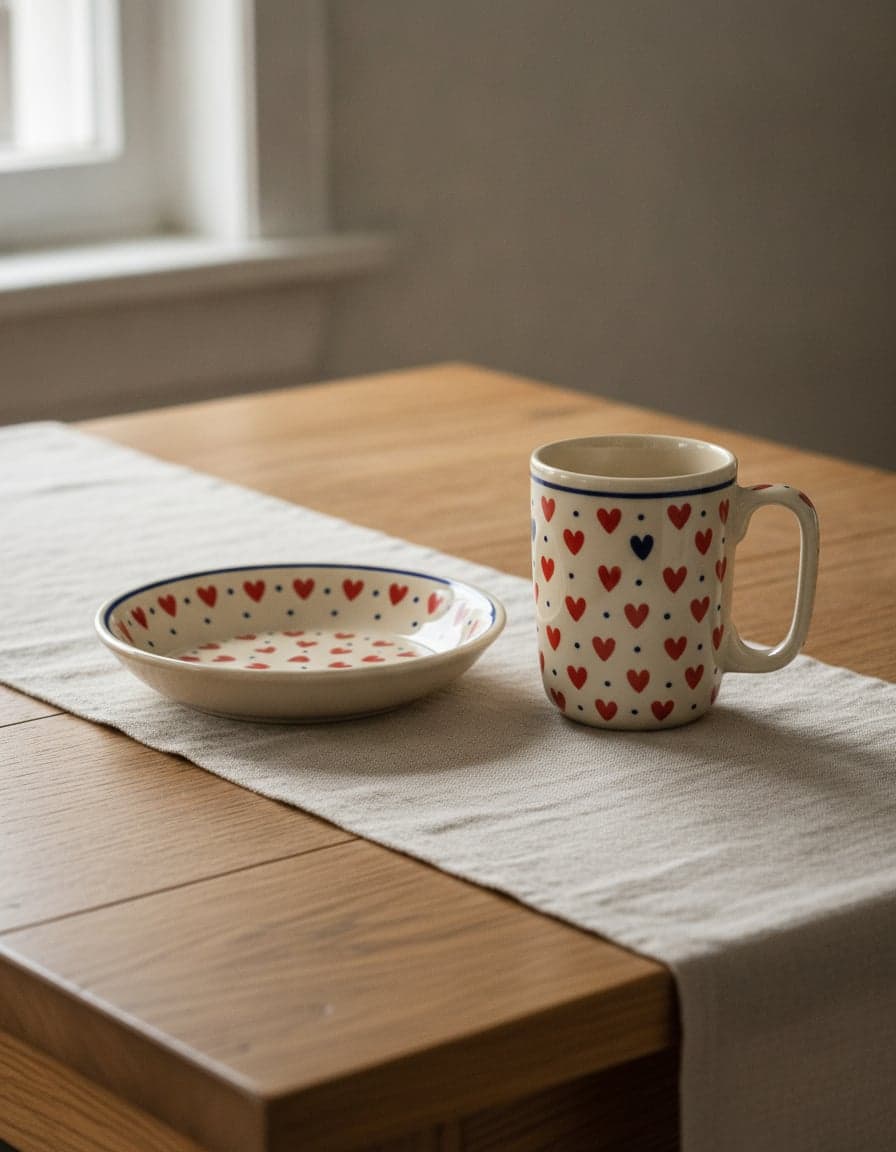 Pieces in the “Red Hearts with Little Wings” pattern, set on a table