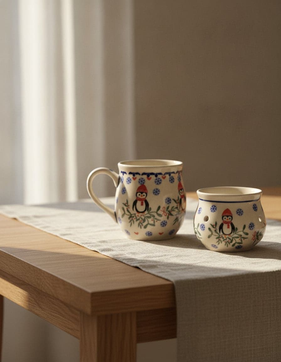 Pieces in the “Snow Penguins with Mistletoe” pattern, set on a table