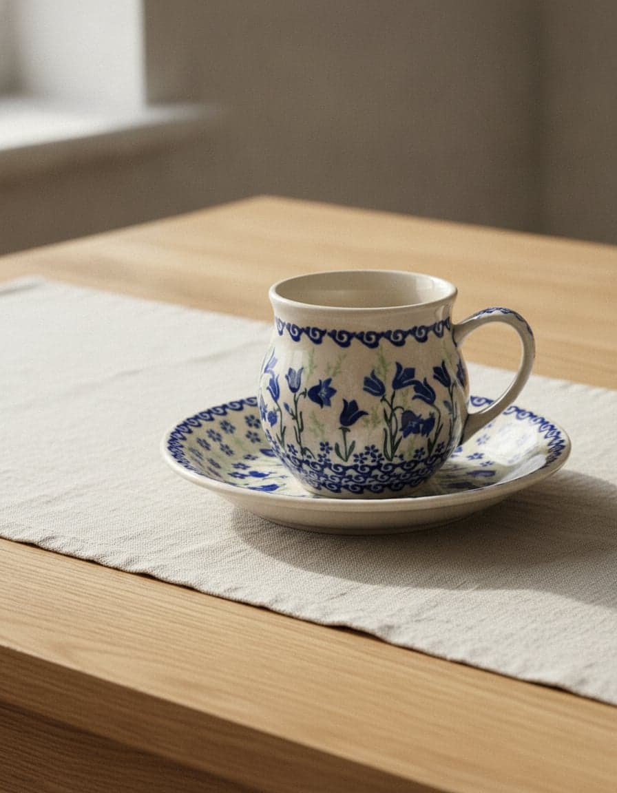 Pieces in the “Karkonosze Bellflowers” pattern, set on a table