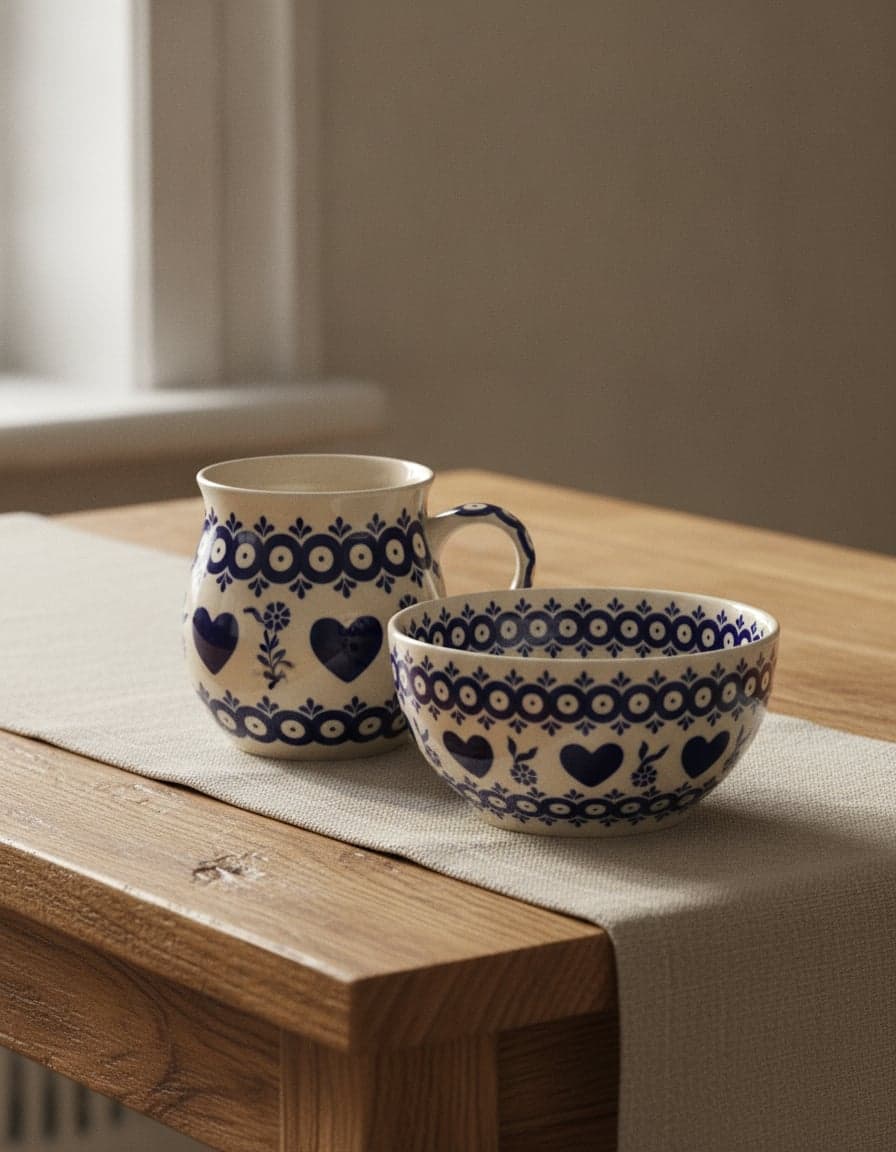 Pieces in the “Gingerbread Heart” pattern, set on a table