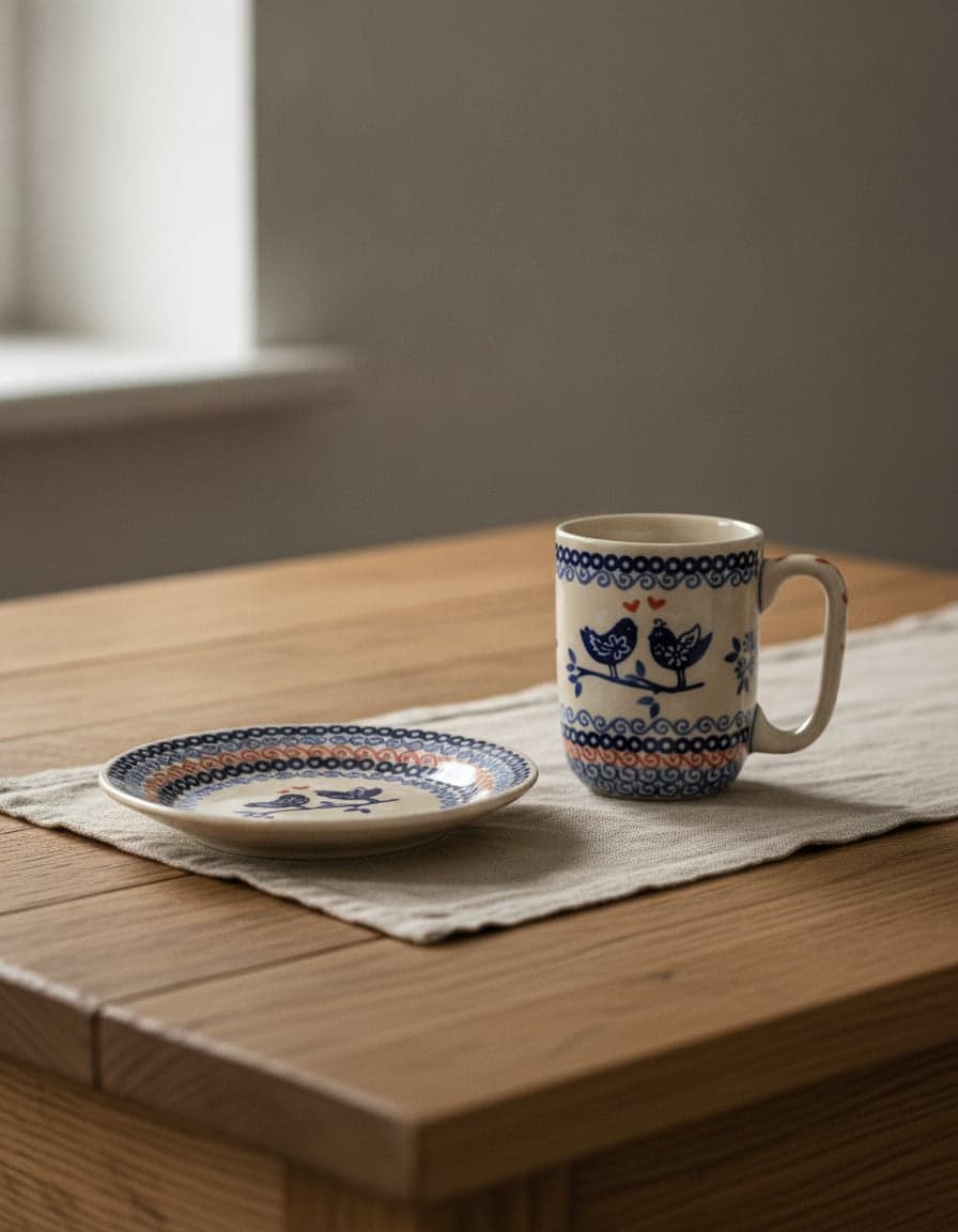 Pieces in the “Lovebirds” pattern, set on a table