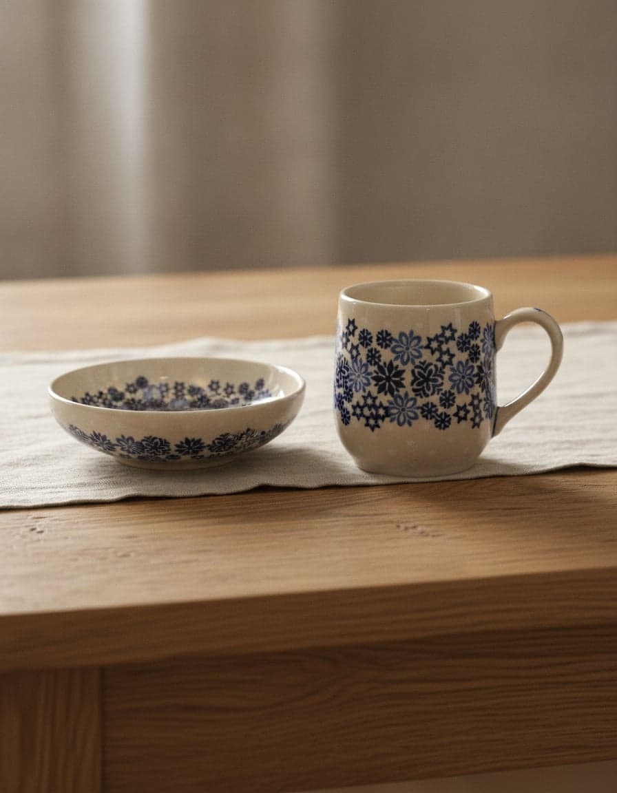 Pieces in the “Winter Snowflakes” pattern, set on a table