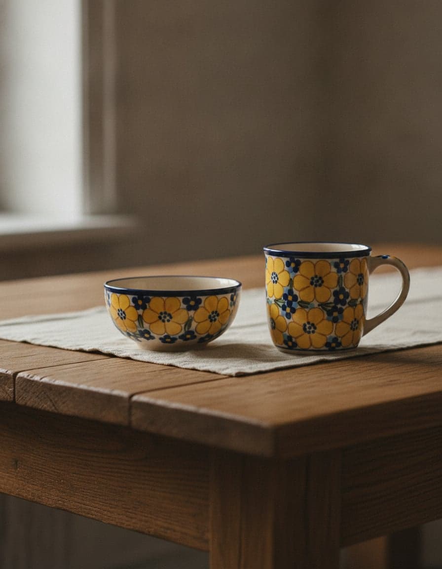 Pieces in the “Morning Blossoms” pattern, set on a table